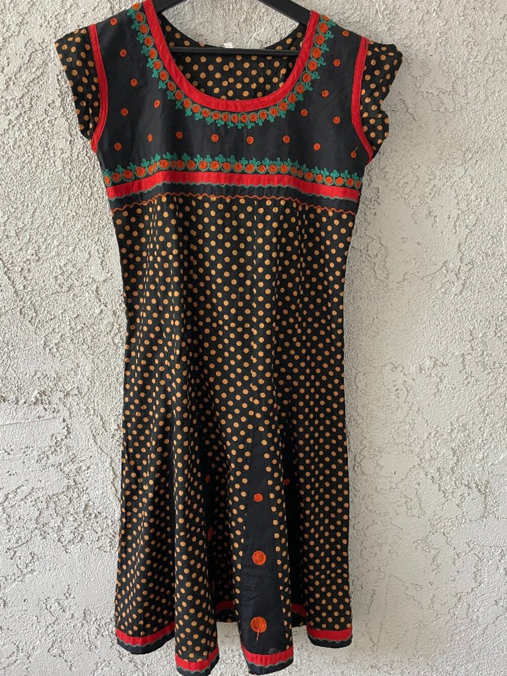 Boho Embroidered Polka Dot Midi Dress Cotton India Folk Art A-Line Black M